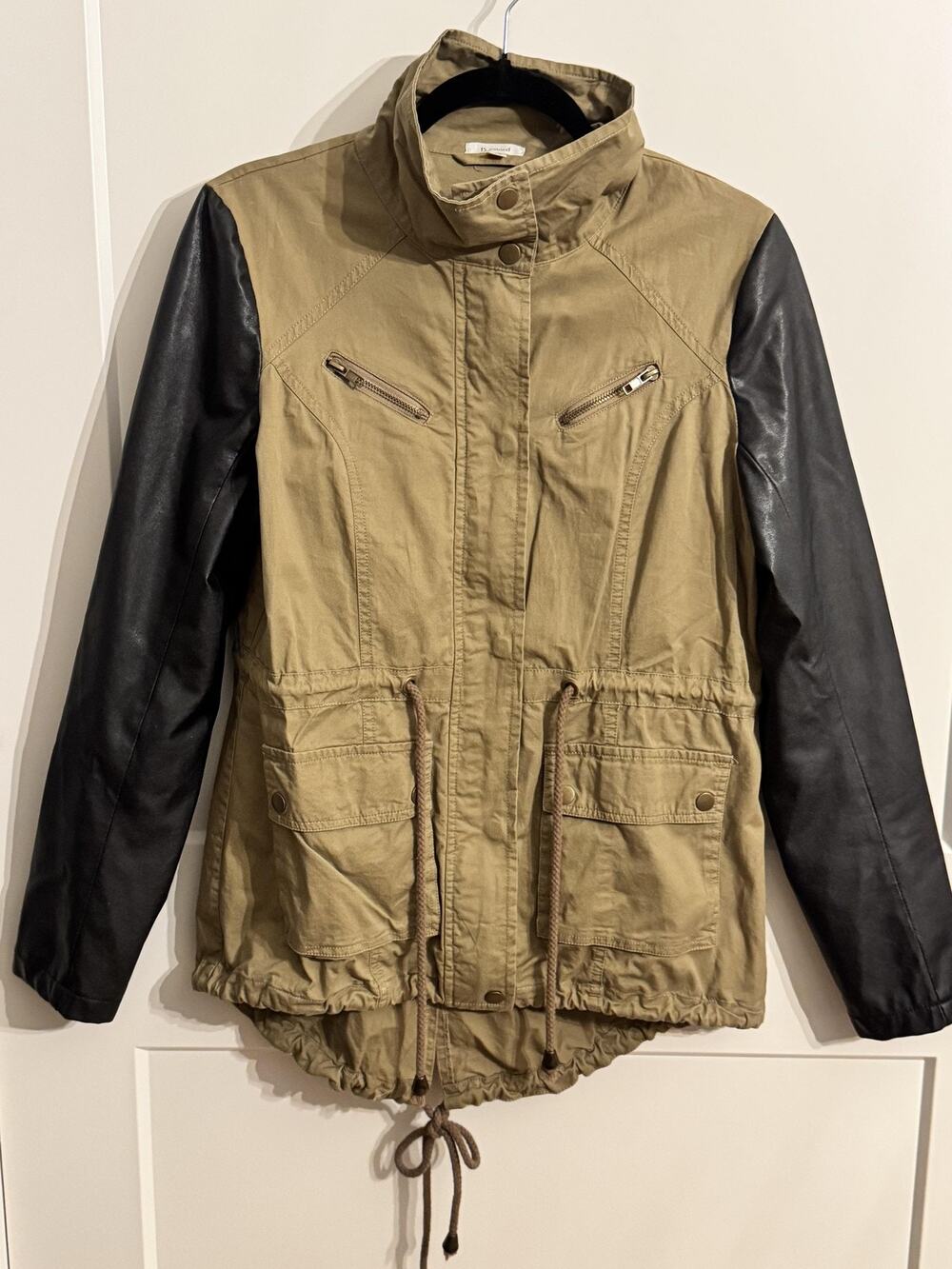 B_envied Jacket Womens Medium Beige Cotton Anorak Faux Leather Sleeve Drawstring